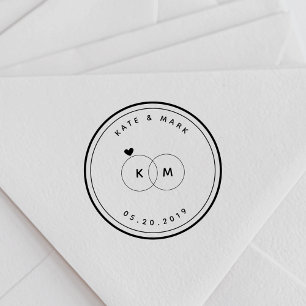 Modern Wedding Rings Monogram Save the Date Round Self-inking Stamp