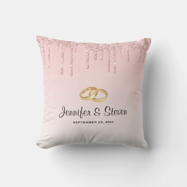 Modern Wedding Rings & Pink Dripping Glitter Cushion (Front)