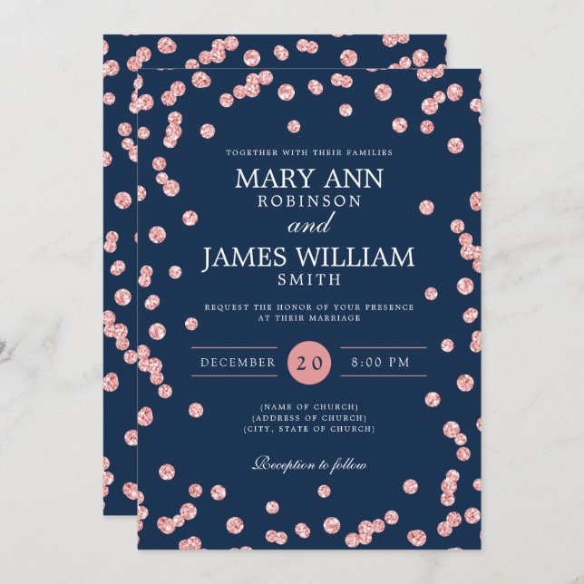 Modern Wedding Rose Gold Glitter Confetti Navy  Invitation (Front/Back)