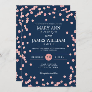 Modern Wedding Rose Gold Glitter Confetti Navy Invitation