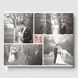 Modern Wedding Rose Gold Monogram 4 Photo Collage Guest Book