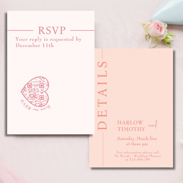 Modern Wedding RSVP Card  Blush Pink heart QR code (Creator Uploaded)