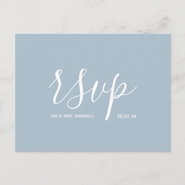 Modern Wedding Rsvp Minimalist Simple Script Blue Announcement Postcard (Front)