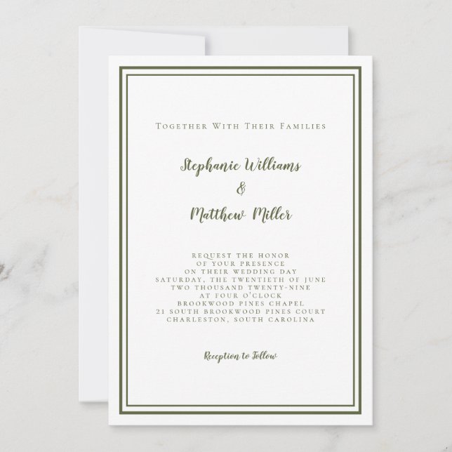 Modern Wedding & RSVP QR Code Details Olive Green Invitation (Front)