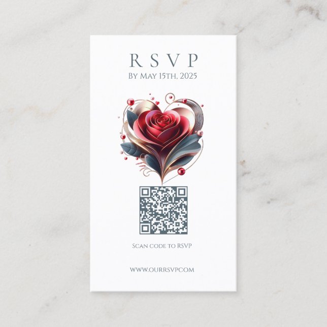 Modern Wedding RSVP QR code-Heart Shaped Rose Business Card (Front)