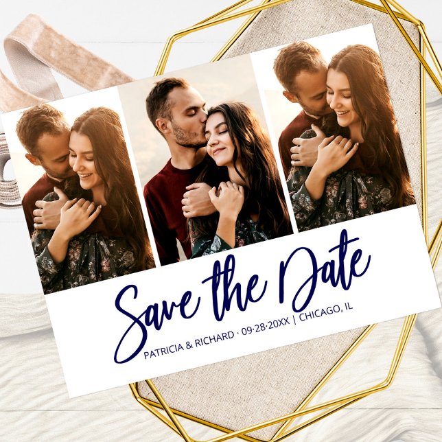 Modern Wedding Save The Date 3 Photo Collage Postcard (Creator Uploaded)