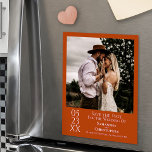 Modern Wedding Save the Date Photo Orange Magnet<br><div class="desc">This magnetic card is a great way to let your friends and family know to save the date for your upcoming wedding. Features a simple, modern, artistic, minimalist design with a square photo on a rust pumpkin orange background with white text. The date is displayed with the day month and...</div>