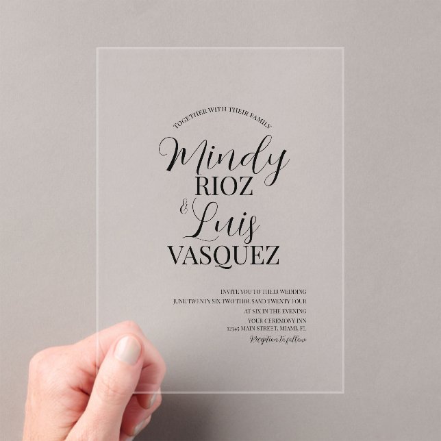 Modern Wedding Script Black Acrylic Invitations (Insitu (Handheld))