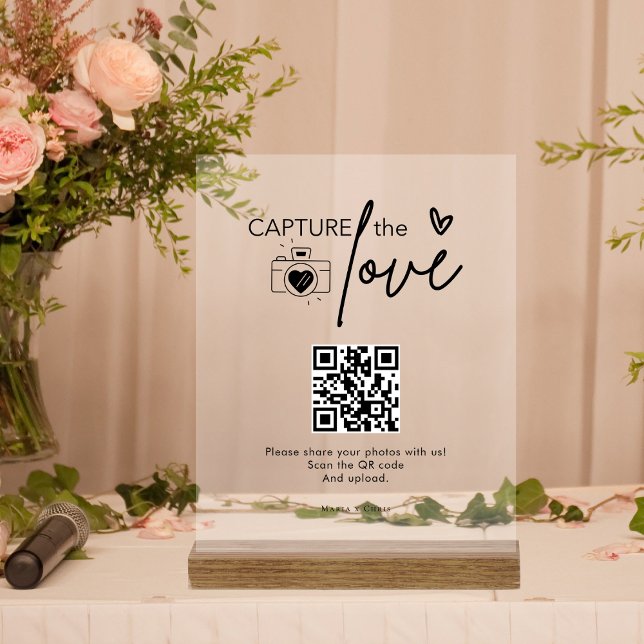 Modern Wedding Script Capture The Love QR code Acrylic Sign (Creator Uploaded)