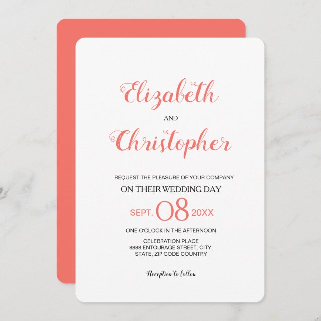 Modern Wedding Script Colour Coral Invitation (Front/Back)