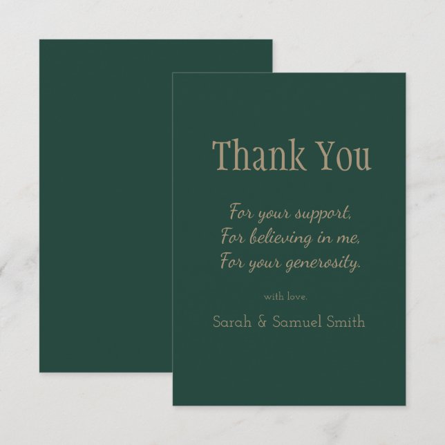 Modern Wedding Script Emerald Green & Gold Custom Thank You Card (Front/Back)
