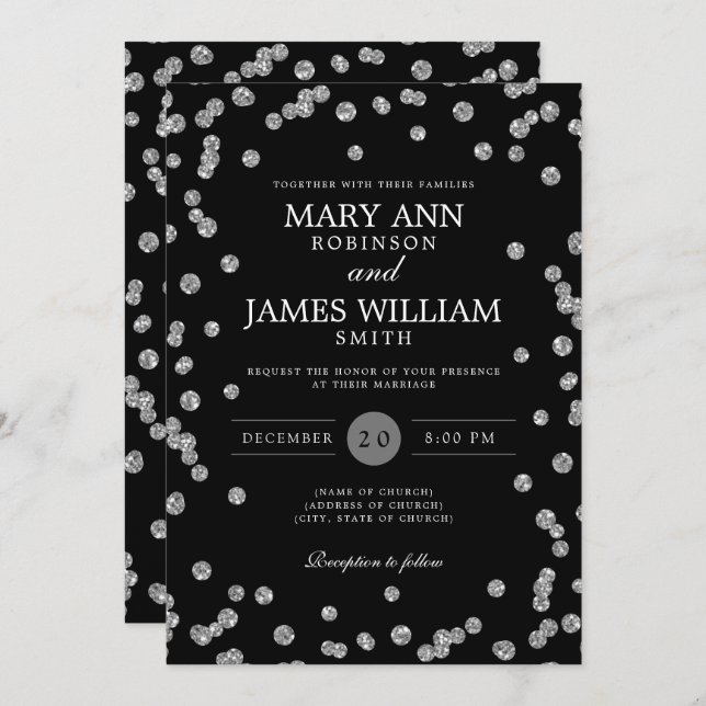Modern Wedding Silver Glitter Confetti Black Invitation (Front/Back)