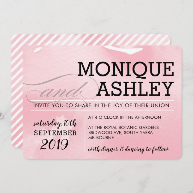 MODERN WEDDING simple minimal pink watercolor Invitation (Front/Back)
