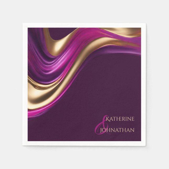 Modern Wedding Table Decor-Purple Fuchsia and Gold Napkin (Front)