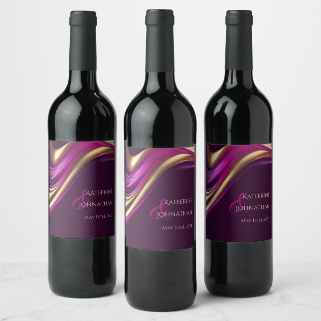 Modern Wedding Table Decor-Purple Fuchsia and Gold Wine Label (Bottles)