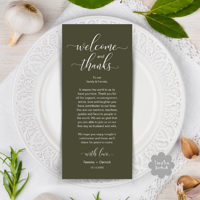 Modern Wedding Table Place Setting Thank You Card (Modern Wedding Dinner Brunch Lunch Table Place Setting Thank You Card in Rustic Olive Green Greenery)