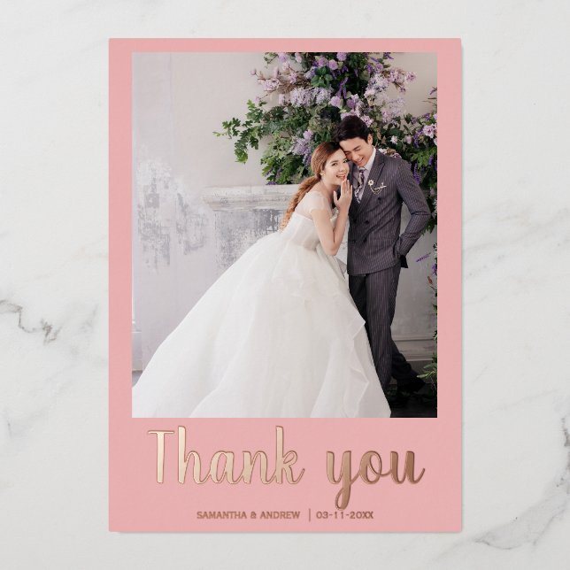 Modern wedding thank you card 2 photo gold foil (Front)