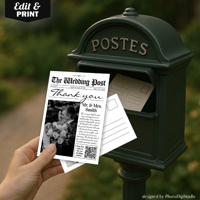 Modern Wedding Thank You Card, Wedding Newspaper (Modern Thank You Card Wedding Newspaper Card)