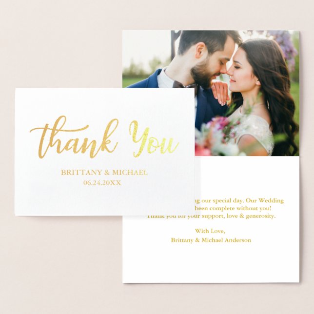 Modern Wedding Thank You Script Photo Gold Foil Card (Display)