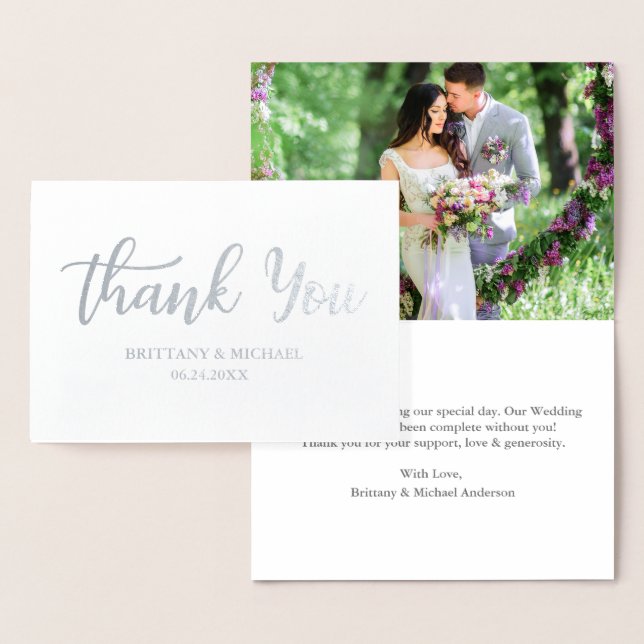 Modern Wedding Thank You Script Photo Silver Foil Card (Display)