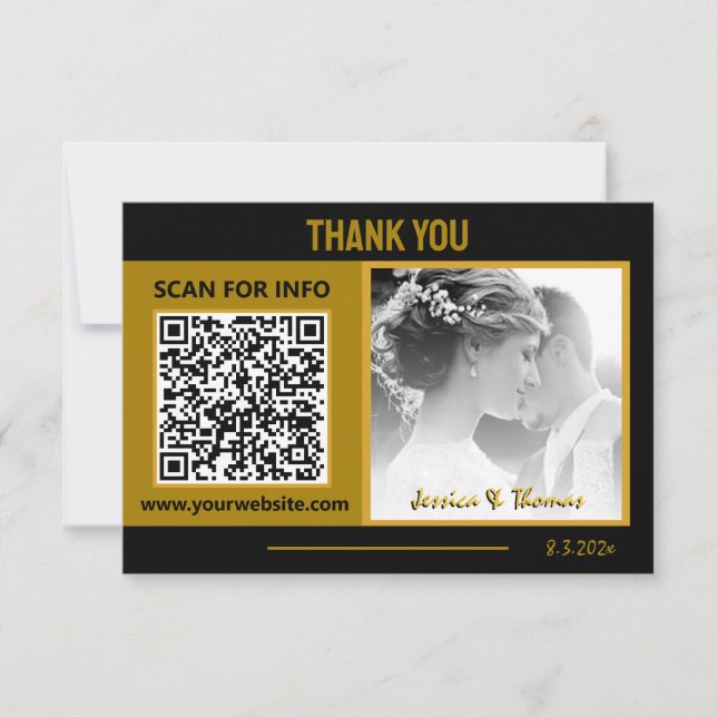 Modern Wedding Thanks, QR Code, Photo, Black /Gold Thank You Card (Front)