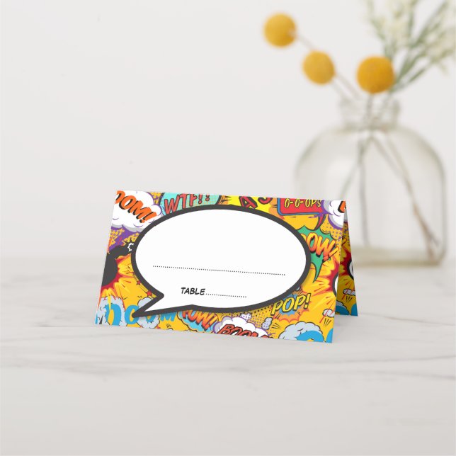 Modern Wedding Typographic Colourful Comic Book Place Card (Front)