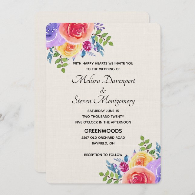 Modern Wedding Watercolor Floral Bouquet Invitation (Front/Back)