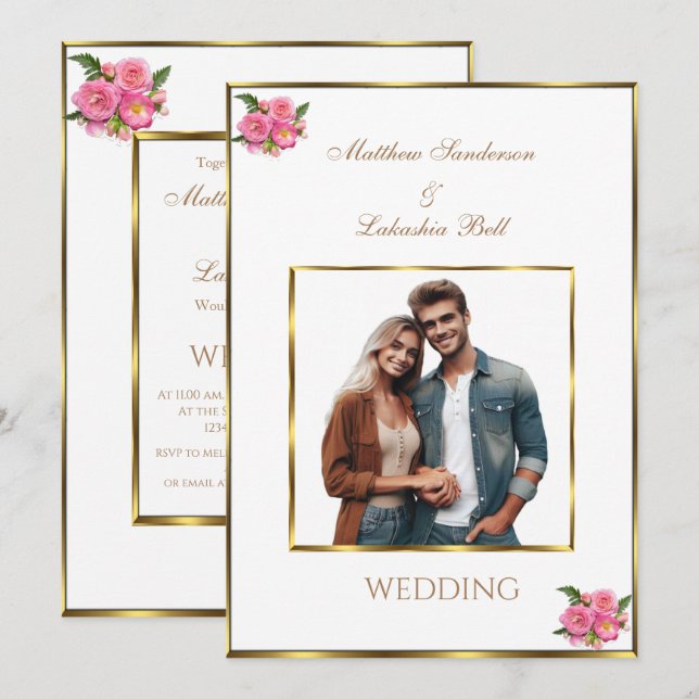 Modern Wedding White bride groom photo Invitation (Front/Back)