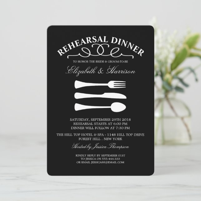 Modern Wedding White Cutlery Rehearsal Dinner Invitation (Standing Front)