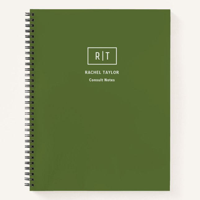Modern Weekly Monthly Dark Olive Green Monogram Notebook (Front)