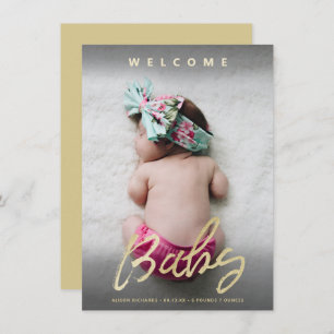 Modern Welcome Baby Gold Script Full Photo Card