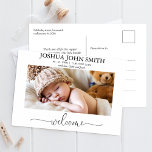 Modern Welcome Calligraphy Birth Announcement Postcard<br><div class="desc">Modern Welcome Calligraphy Birth Announcement Postcard

Modern single photo on the front birth announcement postcard featuring a modern calligraphy welcome heading and birth stats.  Parents message appears on the back. This modern birth announcement postcard is a sweet way to announce the birth of your newborn baby.</div>