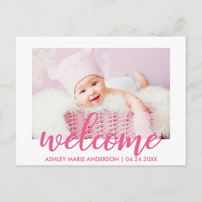 Modern Welcome New Baby Announcement Hot Pink (Front)