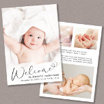 Modern Welcome Photo Collage Birth Announcement<br><div class="desc">A modern card to announce your baby's birth,  featuring his or her photo overlayed with "Welcome" written in a stylish script with a heart swash. Underneath add his or her name,  birth date and birth stats. On the back,  add three additional pictures and a personalised message.</div>