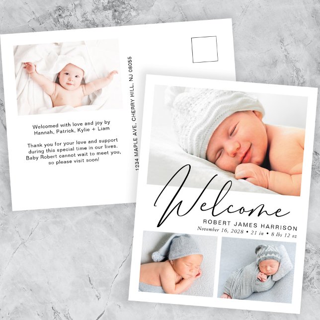 Modern Welcome Script 4 Photo Birth Announcement Postcard (Creator Uploaded)