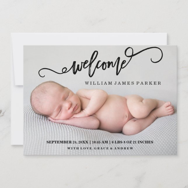 Modern Welcome Script Photo Birth Announcement (Front)