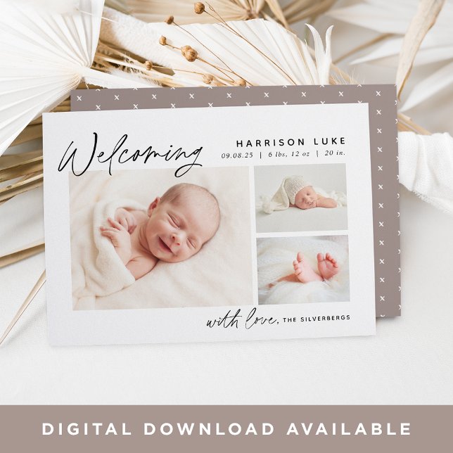Modern Welcome Three Photo Birth Announcement (Creator Uploaded)