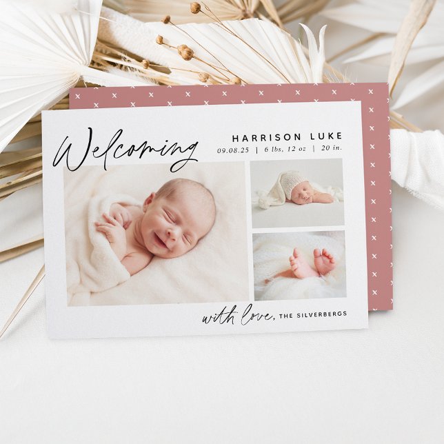 Modern Welcome Three Photo Birth Announcement (Creator Uploaded)
