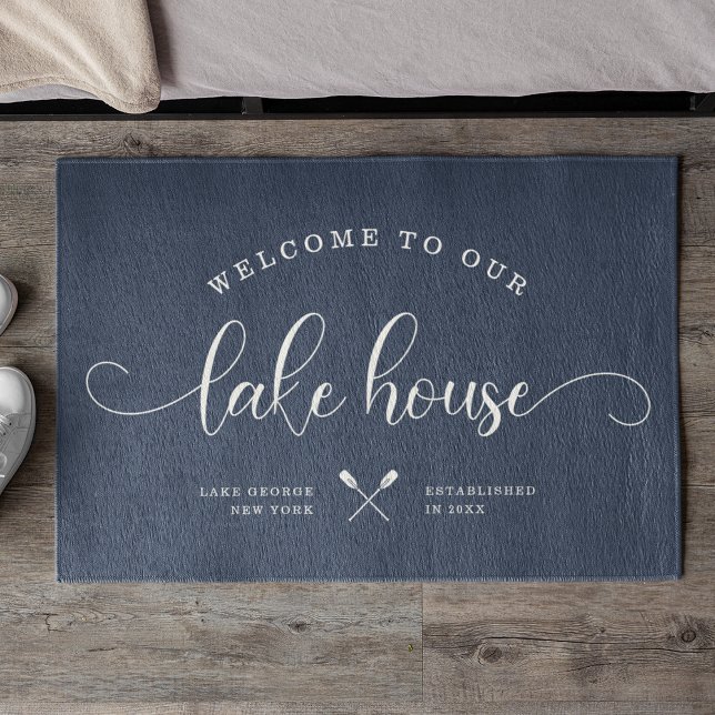 Modern WELCOME TO OUR Lake House Brush Script Blue Doormat (Creator Uploaded)