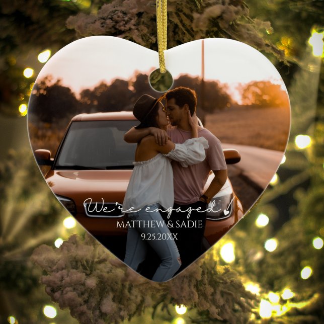 Modern We're Engaged Heart Engagement photo Ceramic Tree Decoration (Creator Uploaded)