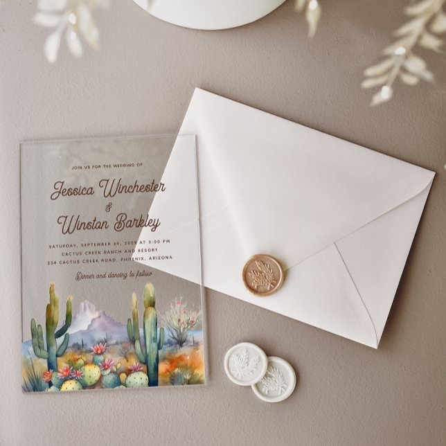 Modern Western Brown  Desert Cactus Landscape Acrylic Invitations (Creator Uploaded)
