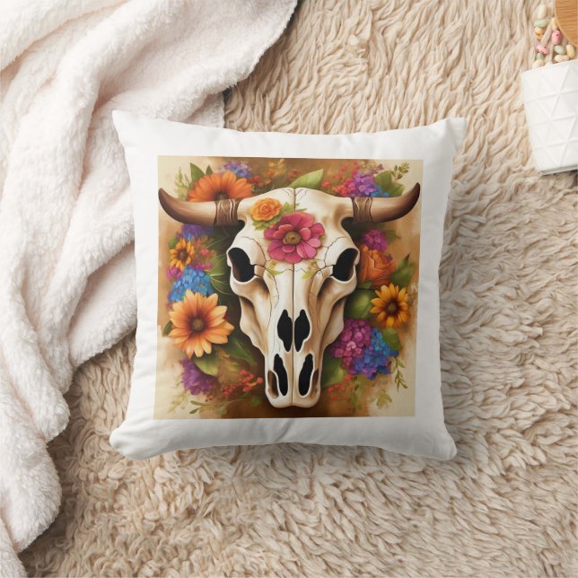 Modern Western Cow Skull with Flowers Throw Pillow (Blanket)