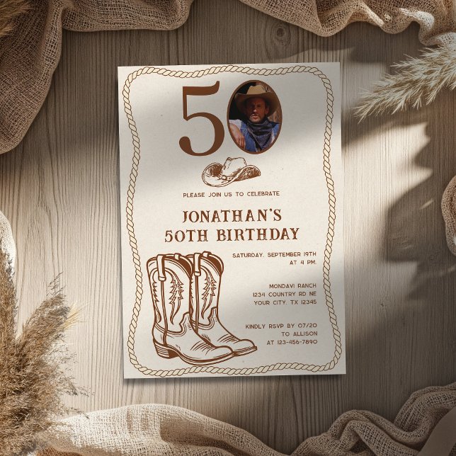 Modern Western Cowboy Boots 40 50 Photo Birthday Invitation (Creator Uploaded)