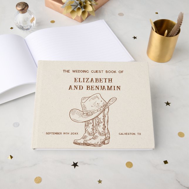 Modern Western Cowboy Boots and Hat Barn Wedding Guest Book (Front Open)