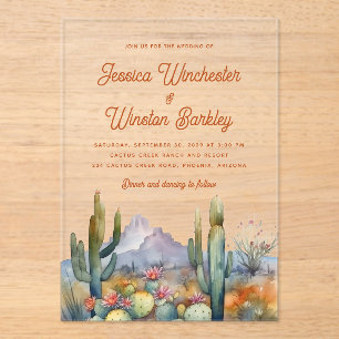 Modern Western Terracotta Desert Cactus Landscape Acrylic Invitations