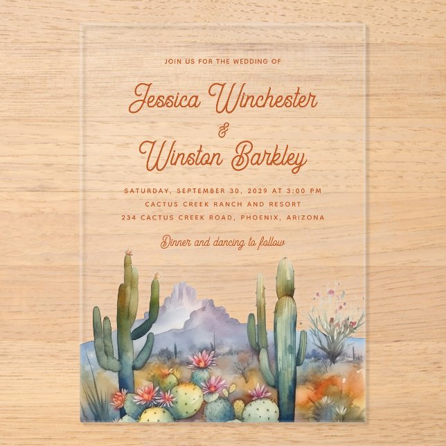 Modern Western Terracotta Desert Cactus Landscape Acrylic Invitations (Front)
