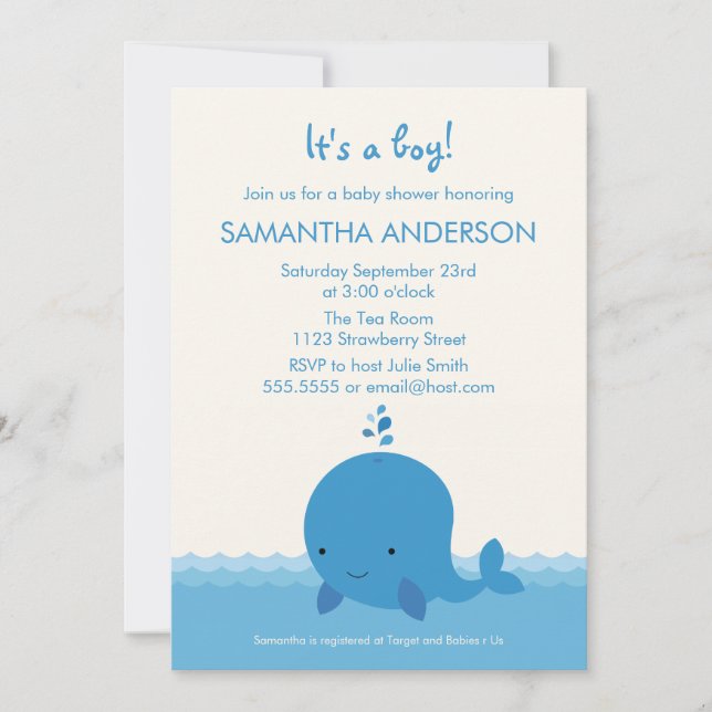 Modern Whale Baby Shower Invitation - Boy (Front)