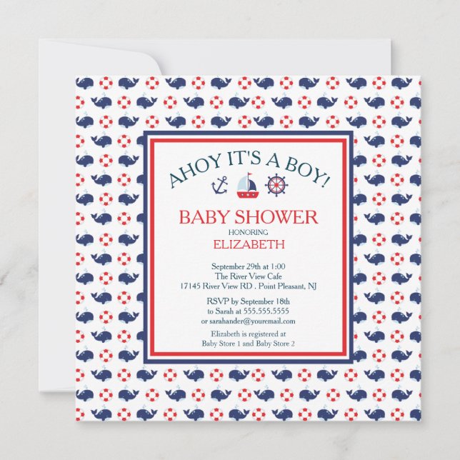 Modern Whale Nautical Boy Baby Shower Invitation (Front)