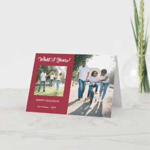 Modern What A Year 3 Photo Burgundy Red Holiday Card