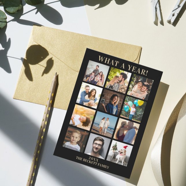 Modern What A Year In Review 12 Photo Collage Holiday Card (Creator Uploaded)